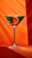 a martini glass with slice of orange on the rim and green garnish in rim photo