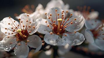 a close up of flower on tree branch with water droplets photo