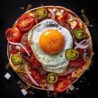 a plate of pizza with an egg and sliced tomatoes photo