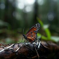 un mariposa sentado en rama en el bosque con césped y arboles antecedentes ai generativo foto