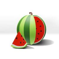 3D render slice and watermelon part. Realistic healthy berry. Vector illustration in clay style. Sweet ripe organic food for vegetarian. Juicy fresh snack in summer season. Tasty nutrition object