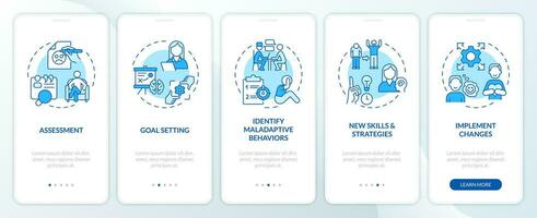 2D icons representing behavioral therapy mobile app screen set. Walkthrough 5 steps blue graphic instructions with thin line icons concept, UI, UX, GUI template. vector