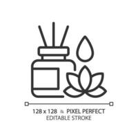 2D pixel perfect editable black incense sticks and lotus icon, isolated vector, meditation thin line illustration. vector