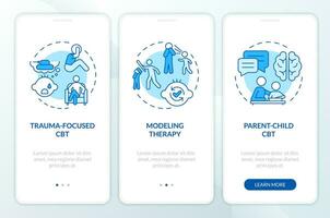 2D icons representing behavioral therapy mobile app screen set. Walkthrough 3 steps blue graphic instructions with line icons concept, UI, UX, GUI template. vector