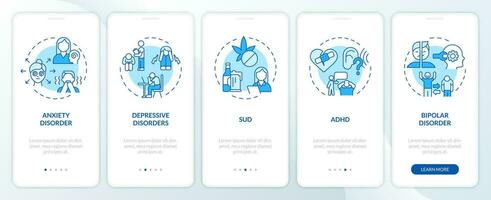 2d íconos representando conductual terapia móvil aplicación pantalla colocar. recorrido 5 5 pasos azul gráfico instrucciones con lineal íconos concepto, ui, ux, gui modelo. vector