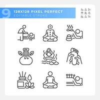 Pixel perfect icons set representing meditation, editable black thin line wellness illustration. vector