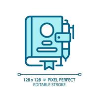 2D pixel perfect editable blue book icon, isolated vector, meditation thin line illustration. vector