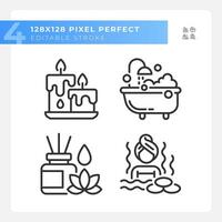 2D black icons set representing meditation, editable thin linear wellness illustration. vector