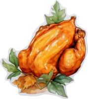 Baked turkey for thanksgiving day. Watercolor illustration. Sticker. AI Generative png