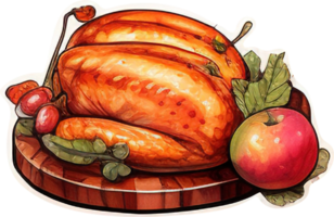 Baked turkey for thanksgiving day. Watercolor illustration. Sticker. AI Generative png