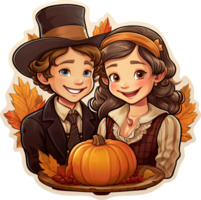 Thanksgiving cartoon clip art characters in pilgrim's costume. Sticker. AI Generative png