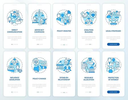 2d íconos representando cabildeo gobierno móvil aplicación pantalla colocar. recorrido 5 5 pasos azul gráfico instrucciones con Delgado línea íconos concepto, ui, ux, gui modelo. vector