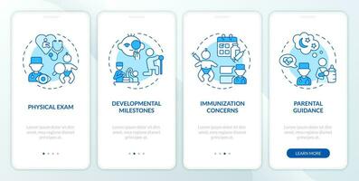 Baby doctor appointment blue onboarding mobile app screen. Check up walkthrough 4 steps editable graphic instructions with linear concepts. UI, UX, GUI template vector