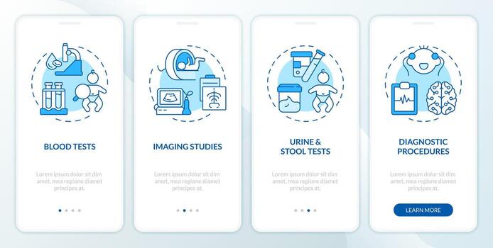 diagnóstico procedimientos para niños azul inducción móvil aplicación pantalla. recorrido 4 4 pasos editable gráfico instrucciones con lineal conceptos. ui, ux, gui modelo vector