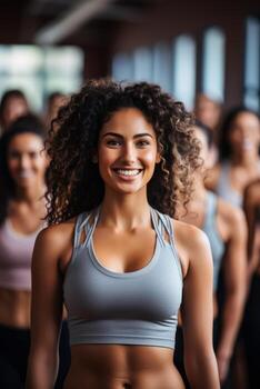 Diverse group participating in aerobics class background with empty space for text photo