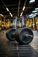Strength training equipment arranged in professional gym background with empty space for text photo