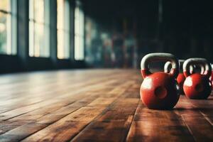 Kettlebells and dumbbells on gym floor background with empty space for text photo