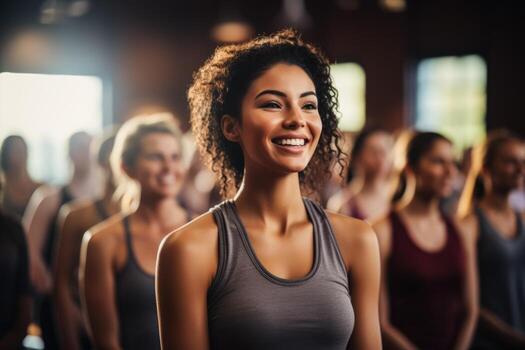 Diverse group participating in aerobics class background with empty space for text photo