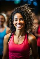 Zumba enthusiasts showcasing their energetic moves in a vibrant rhythmic fitness club setting photo