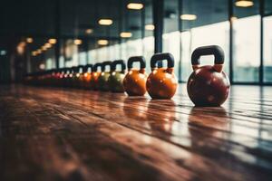 Kettlebells and dumbbells on gym floor background with empty space for text photo