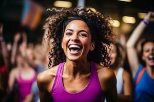 Zumba enthusiasts showcasing their energetic moves in a vibrant rhythmic fitness club setting photo