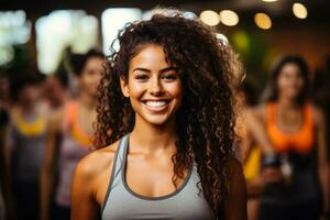 Vibrant Zumba dance fitness class in action at a bustling modern fitness club photo