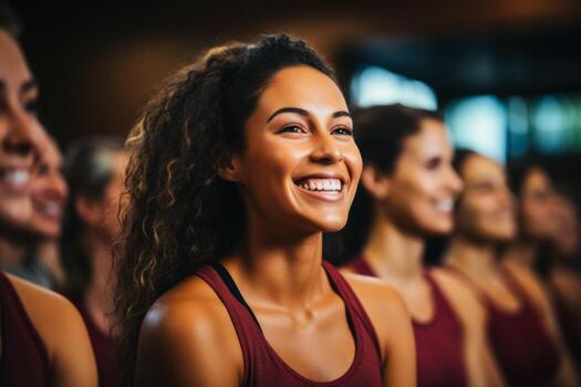 Diverse group participating in aerobics class background with empty space for text photo