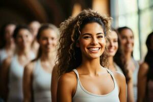 Diverse group participating in aerobics class background with empty space for text photo