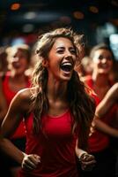 Passionate trainees engaged in high intensity interval training in a lively fitness club scene photo