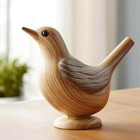 a wooden bird sitting on top of table photo