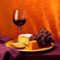 a plate of cheese, bread, and grapes with a glass of wine on the table photo