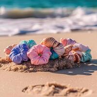 conjunto de vistoso cintas para el pelo en el arena cerca el playa ai generativo foto