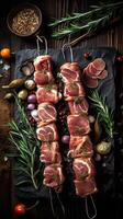 A table topped with meat and vegetables on top of black plate knife fork next to it photo