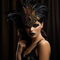un mujer vistiendo negro y oro máscara con plumas en su cabeza ai generativo foto