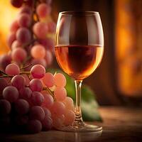 a glass of wine next to bunch grapes on table photo