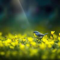 a small bird standing in field of yellow flowers photo