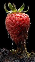 a strawberry coming out of fungus with water droplets on it and black background photo