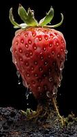 a strawberry coming out of fungus with water droplets on it and black background AI Generative photo