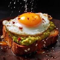 A fried egg on top of toast with avocado and toasted bread plate salt pepper sprinkles photo
