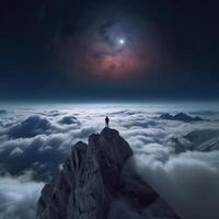 Man standing on top of a hill above the cloud photo