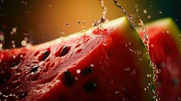 a slice of watermelon being splashed with water droplets AI Generative photo