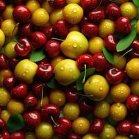 a pile of cherries and pears with water droplets photo