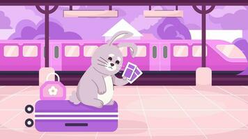 Traveler rabbit on platform kawaii lo fi animated cartoon background. Luggage bunny staring at train tickets lofi aesthetic live wallpaper animation. Color cute chill scene 4K video motion graphic