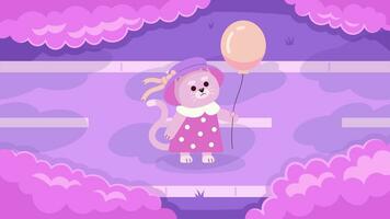 Kawaii cat with balloon watching clouds lo fi animated cartoon background. Cloud gazing kitten in dress lofi aesthetic live wallpaper animation. Color cute chill scene 4K video motion graphic