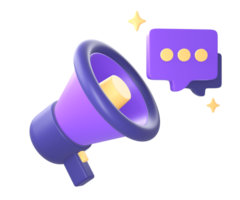 3d purple loud speaker with chat bubble and star icon for UI UX web mobile apps social media ads designs png