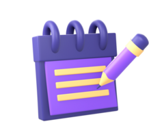 3d purple paper note book reminder with pencil side icon for UI UX png