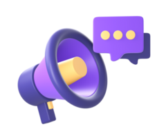 3d purple loudspeaker with chat bubble and star icon for UI UX png