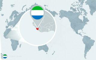 Pacífico centrado mundo mapa con magnificado sierra leona bandera y mapa de sierra leona vector