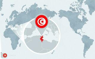 Pacífico centrado mundo mapa con magnificado Túnez. bandera y mapa de Túnez. vector