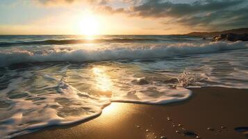 a beach with waves crashing on the sand and sun setting in background photo